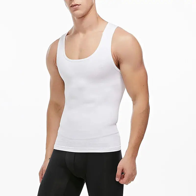 Mens slimming body shaper undershirt in white; sleeveless compression tank top for abs