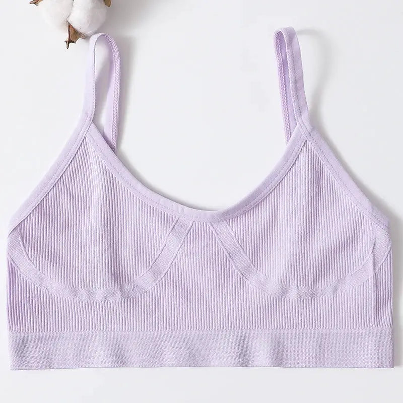 Seamless ribbed lavender bralette by Simples Market, wireless with U-back and no pads