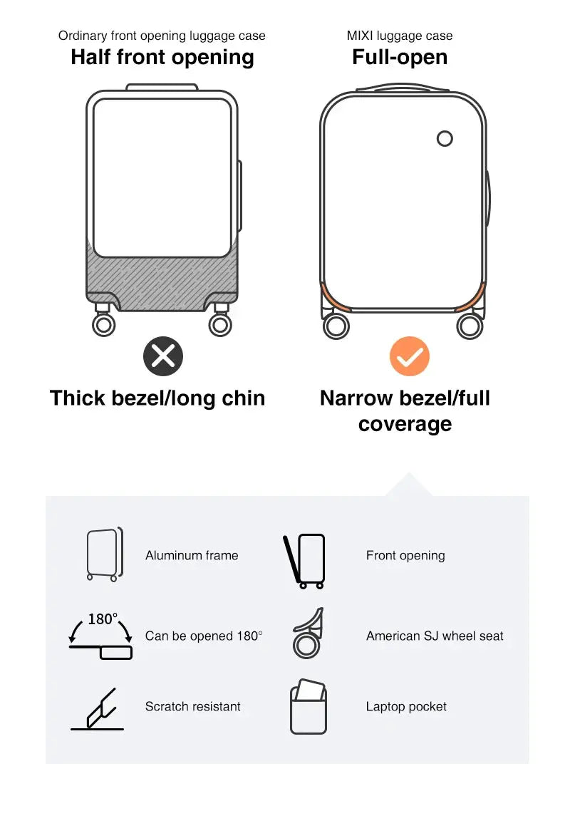 Simples Market Mixi aluminum frame carry-on suitcase with front-opening design, 18/20/24 inches