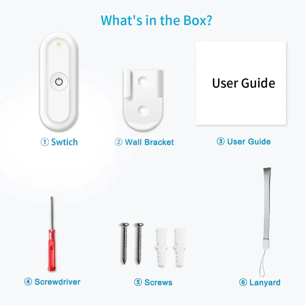 LoraTap ZigBee 3.0 6-button white wireless remote 6-piece kit with wall bracket, screws, screwdriver, and lanyard
