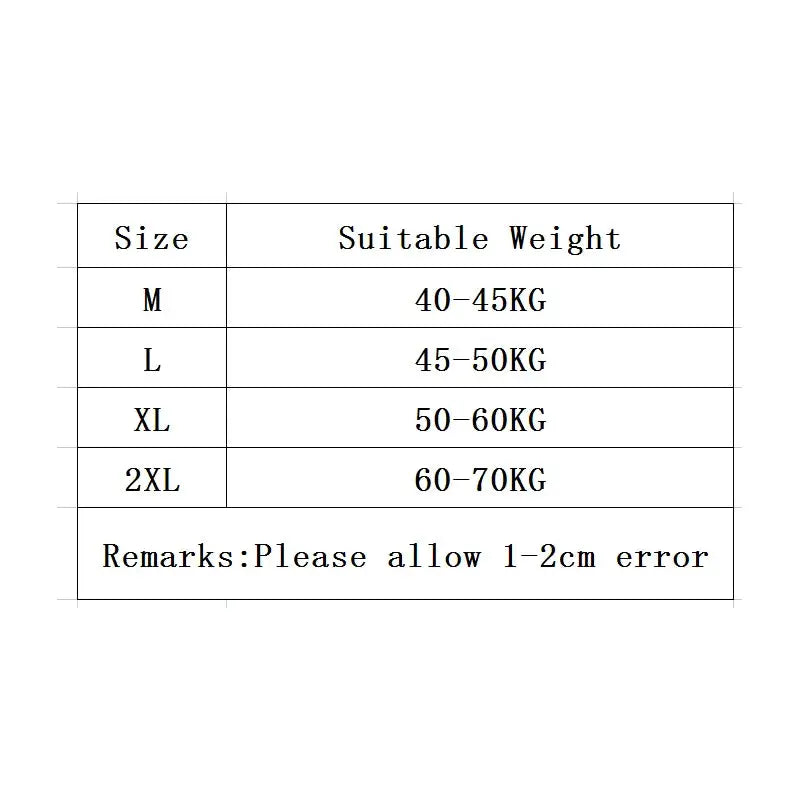 Underwear size chart showing M-L-XL-2XL with weight ranges 40-70 kg and a note to allow 1-2 cm error