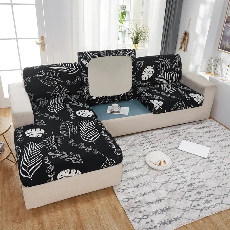 Simples Market geometric print sofa cover for corner sectional, black with white leaf pattern, elastic slipcover