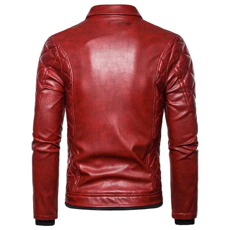 Men's red leather motorcycle jacket with quilted sleeves, slim fit bomber style