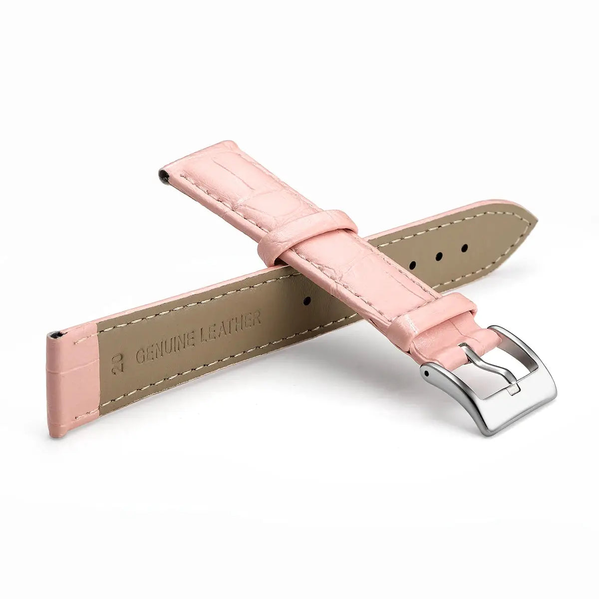 Pink croc-embossed genuine leather watch band with a silver buckle, 22mm width