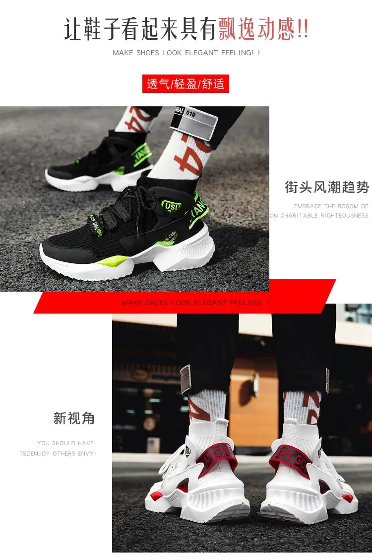 Simples Market men's running sneakers, black with neon green accents and white chunky sole; white pair with red accents