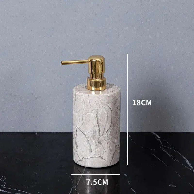Simples Market marble soap dispenser with gold pump, 18 cm tall, natural marble pattern bathroom accessory.