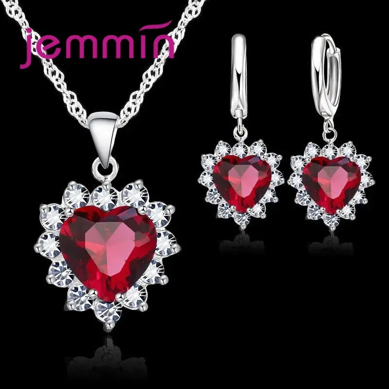 Yaameli 925 Silver Heart Pendant Necklace And Hoop Earrings Jewelry Set For Women Engagement Anniversary Gift
