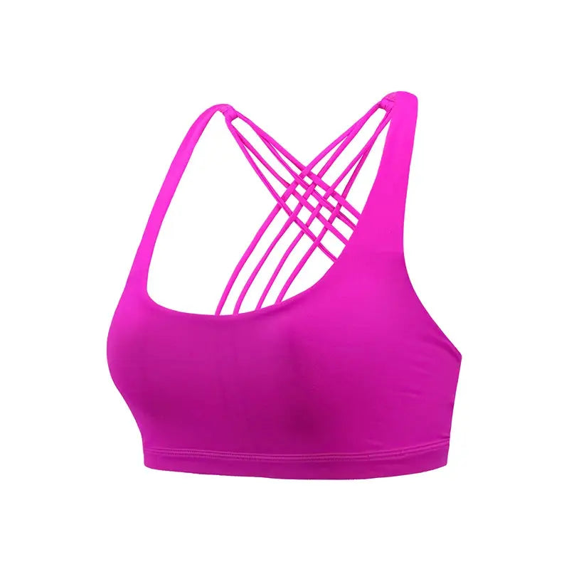 Fitness sports bra for women, pink cross-back multi-strap crop top