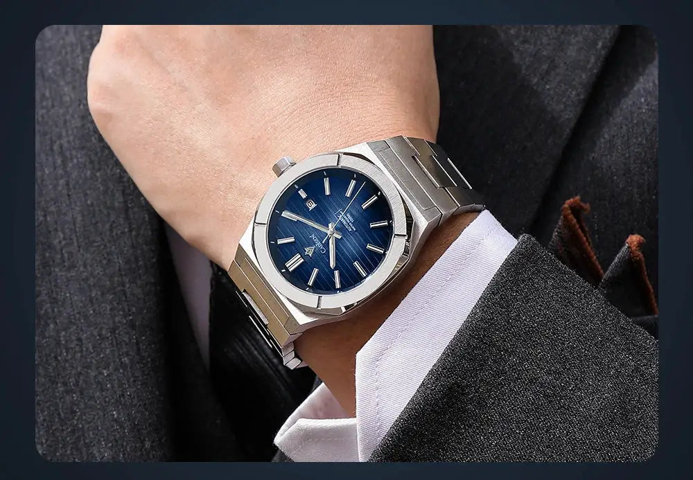 CADISEN diver watch with blue dial and stainless steel bracelet, automatic MIYOTA 8215, 10Bar water resistance