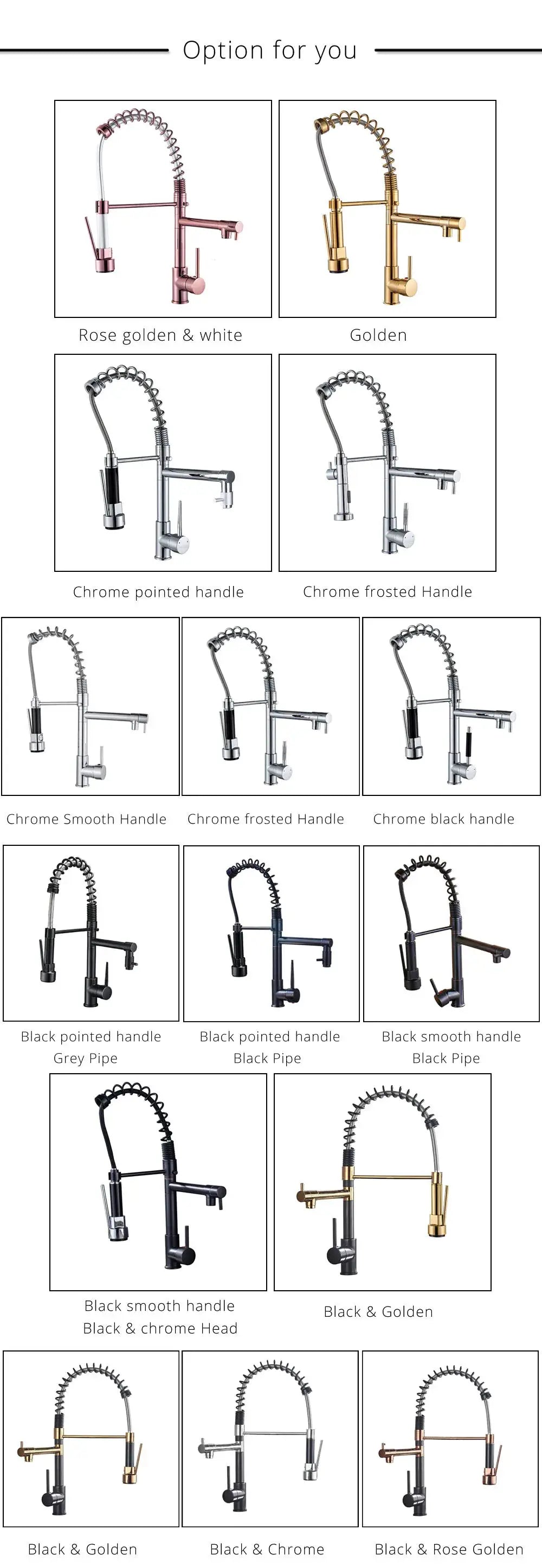 Rozin spring pull-down kitchen faucet; black and rose-gold finishes shown, dual-spout deck-mount.