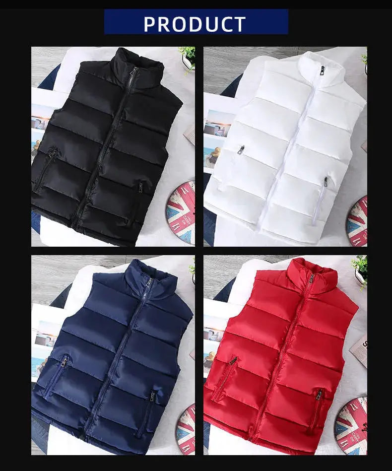 Men's sleeveless puffer vest jacket in black, white, navy, and red; 4-color set