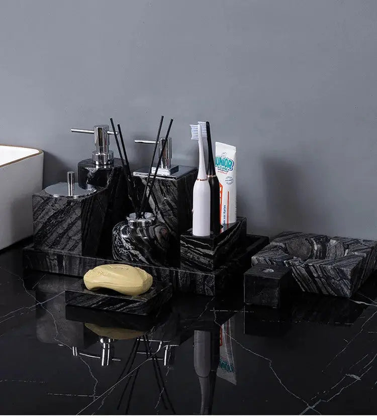 Ancient wood-grain black marble bathroom set; multi-piece with soap dispenser, toothbrush holder, and tray