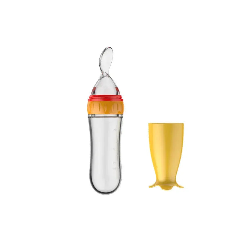 Silicone Baby Bottle With Integrated Squeeze Spoon For Mess Free Feeding Milk Rice Cereal