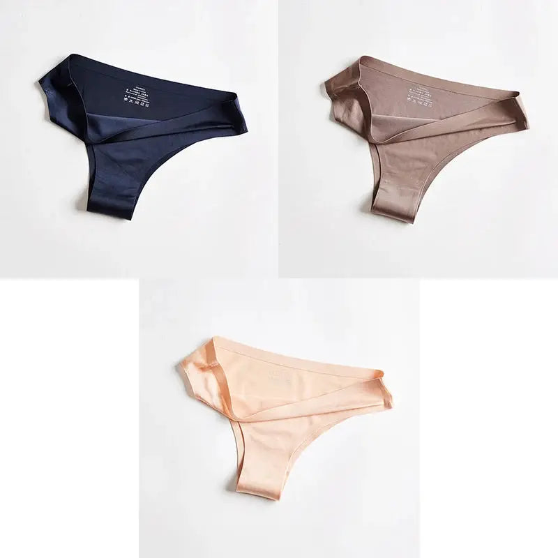 Women's Simples Market seamless thong panties set of three in navy, taupe and peach ice silk fabric