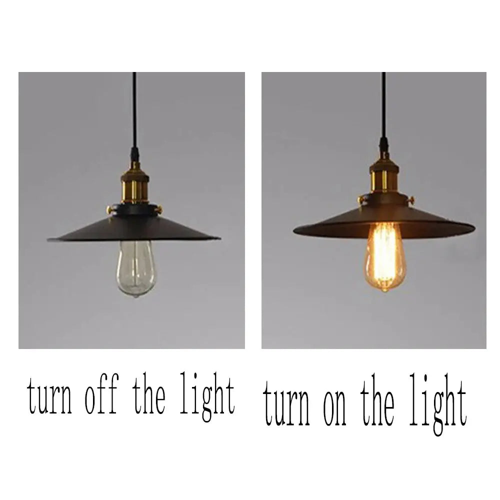 Two E27 vintage retro Edison pendant lamps with lacquered iron umbrella shades, industrial loft ceiling lights.