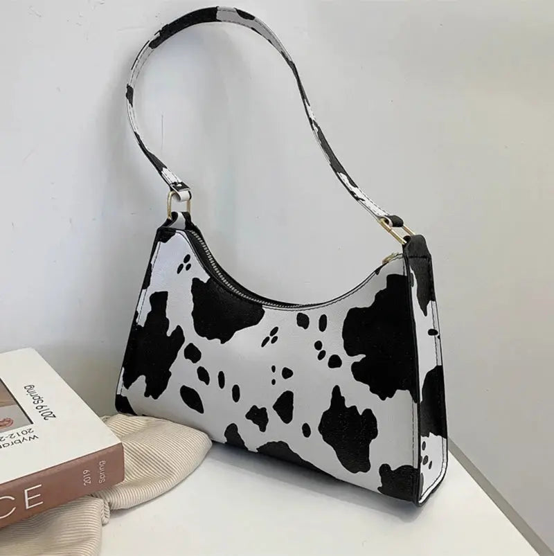 Cow-print shoulder bag for women, black and white PU leather with zipper, Simples Market