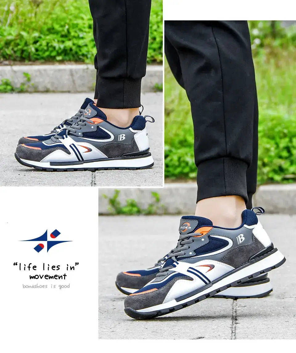 BONA New Designers Action Leather Sport Shoes for men, navy/gray/white with orange accents; BONA logo on tongue.