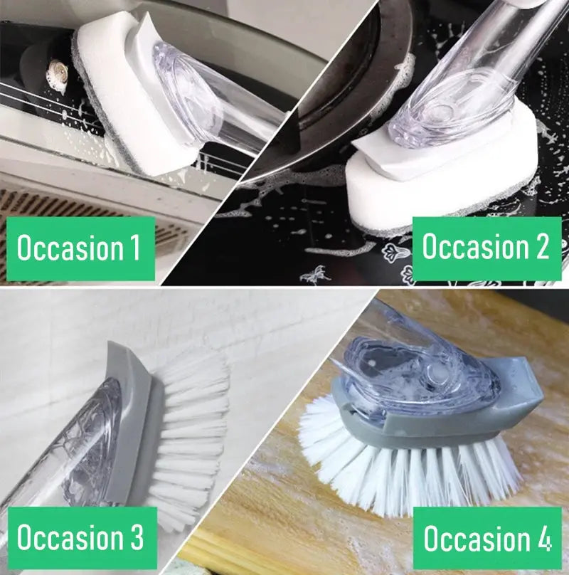 Refillable liquid cleaning brush with long handle and clear soap dispenser; includes white sponge head for dishwashing