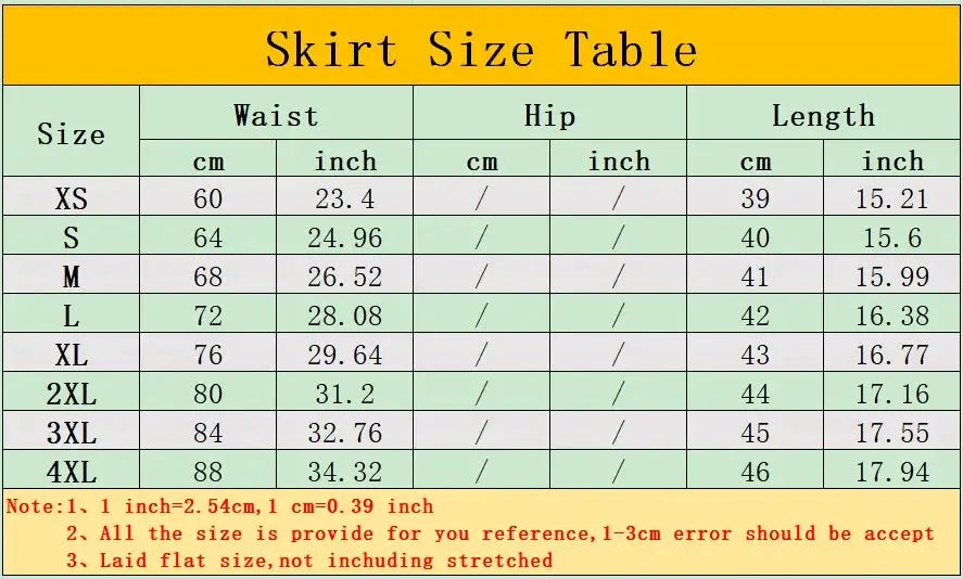 Skirt size table for Harajuku Punk Gothic Black High Waist skirts showing waist 60–88 cm and length 39–46 cm