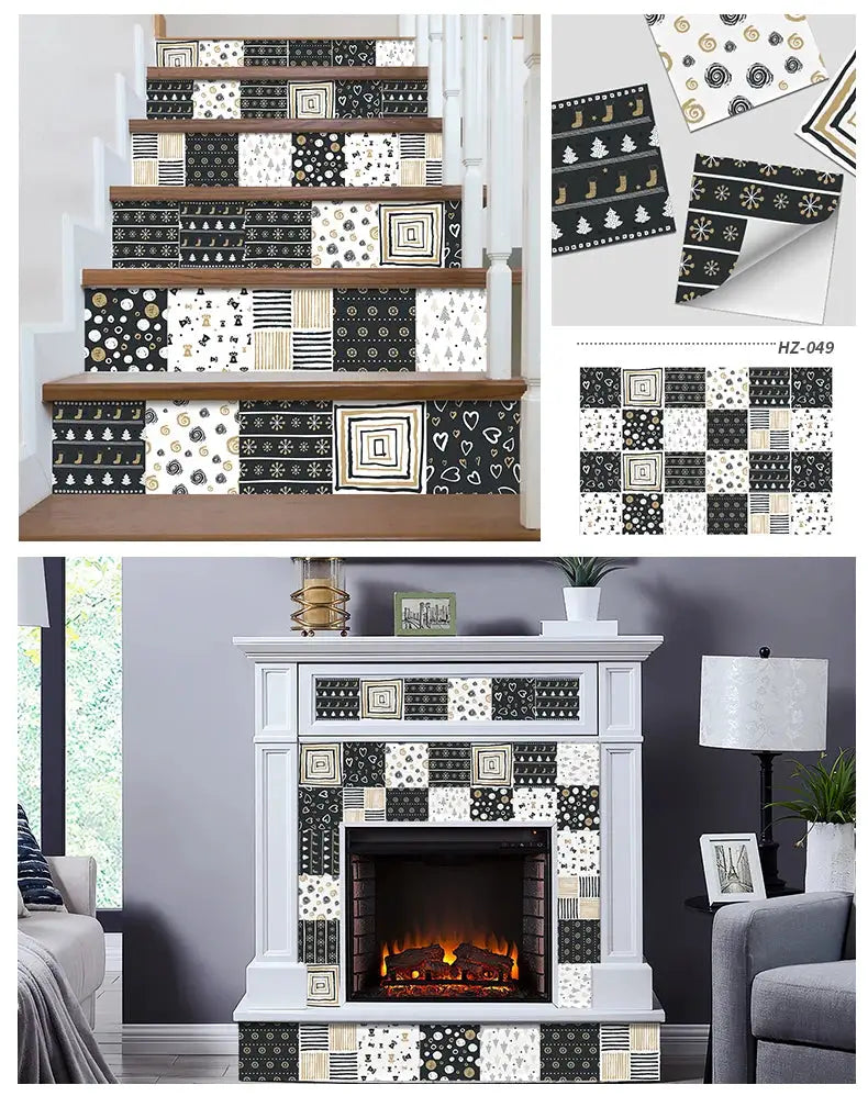 24pcs wall tile sticker set; self-adhesive decals in black, white, gold geometric patterns.