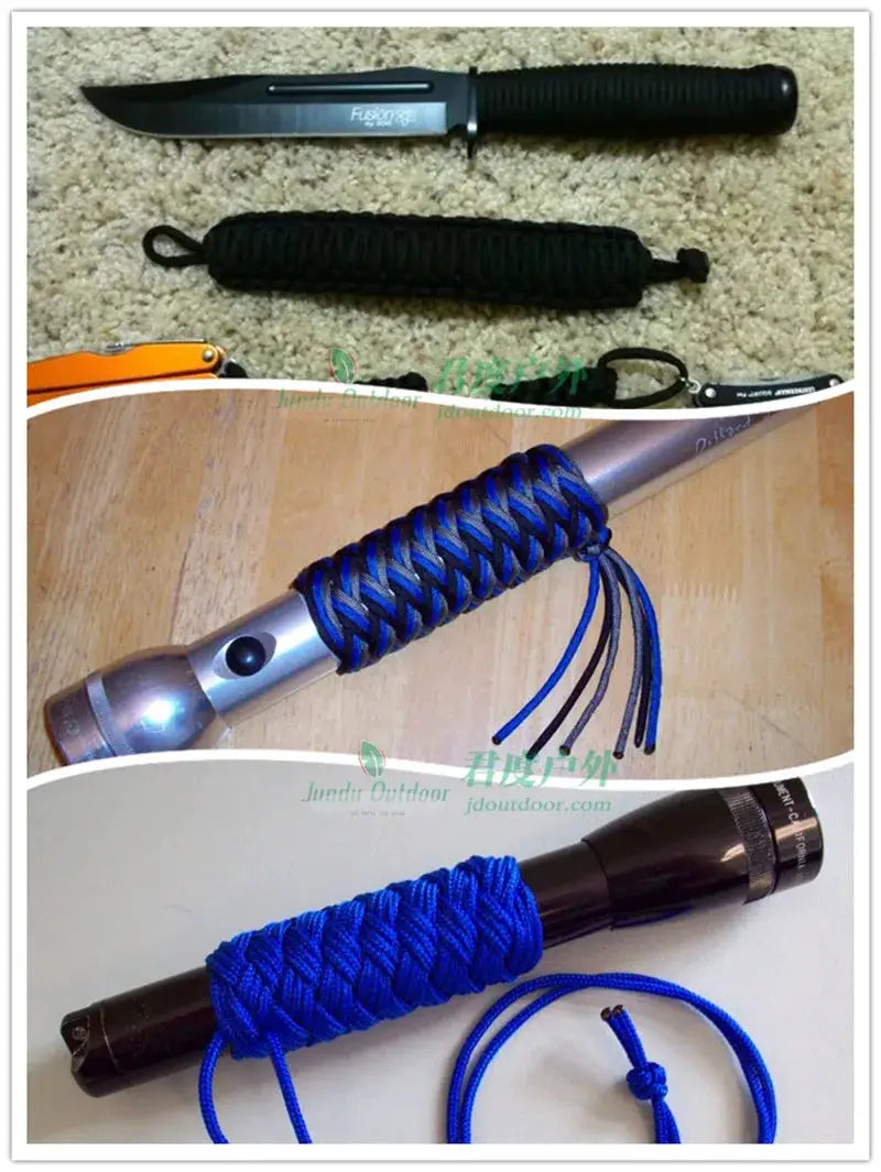Paracord rope 550, military-grade 4mm; blue and black cords shown wrapped around knife handle and flashlight (3 examples)