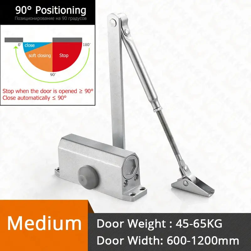 KAK hydraulic door closer with adjustable arm, silver metal finish, Simples Market, medium weight 45-65kg door