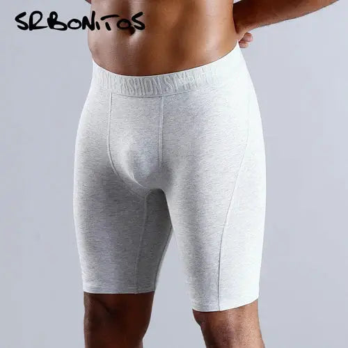 Simples Market men's long-leg cotton boxer shorts in light gray.