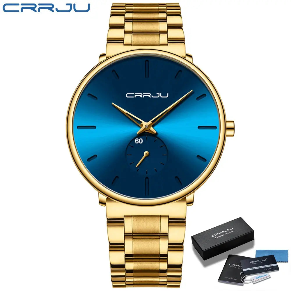 CRRJU men's stainless steel gold watch with blue gradient dial