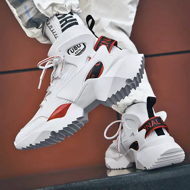 Pair of men's white mesh sneakers with a chunky sole and red accents, Simples Market