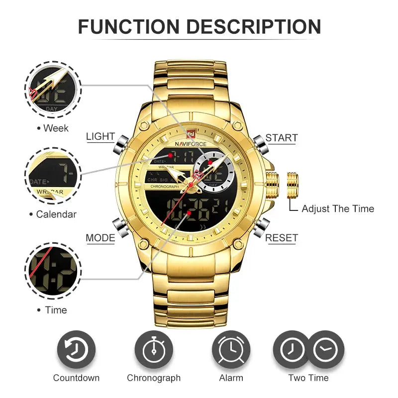 Naviforce 9163 Luxury Sport Mens Wristwatch With Dual Analog Digital Display Stainless Steel Water Resistant