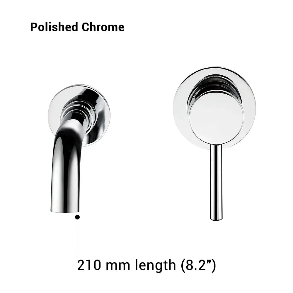 Polished chrome bathroom basin faucet, wall-mounted with a single lever handle, 210 mm length.
