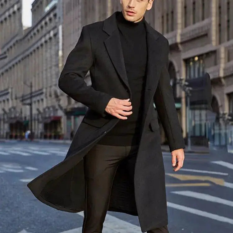 Men's long black wool overcoat with lapels, trench-style outerwear for winter streetwear