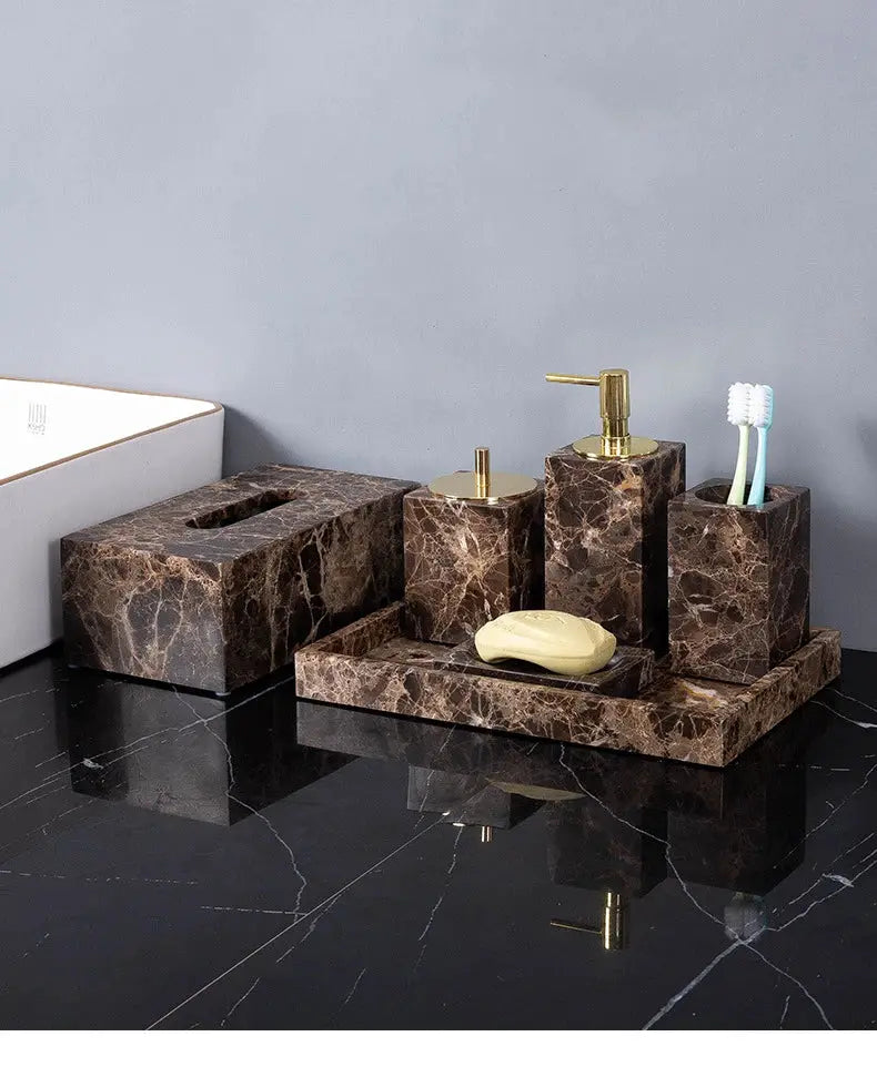 Emperador Dark marble bathroom set by Simples Market; 5-piece brown marble accessories including toothbrush holder