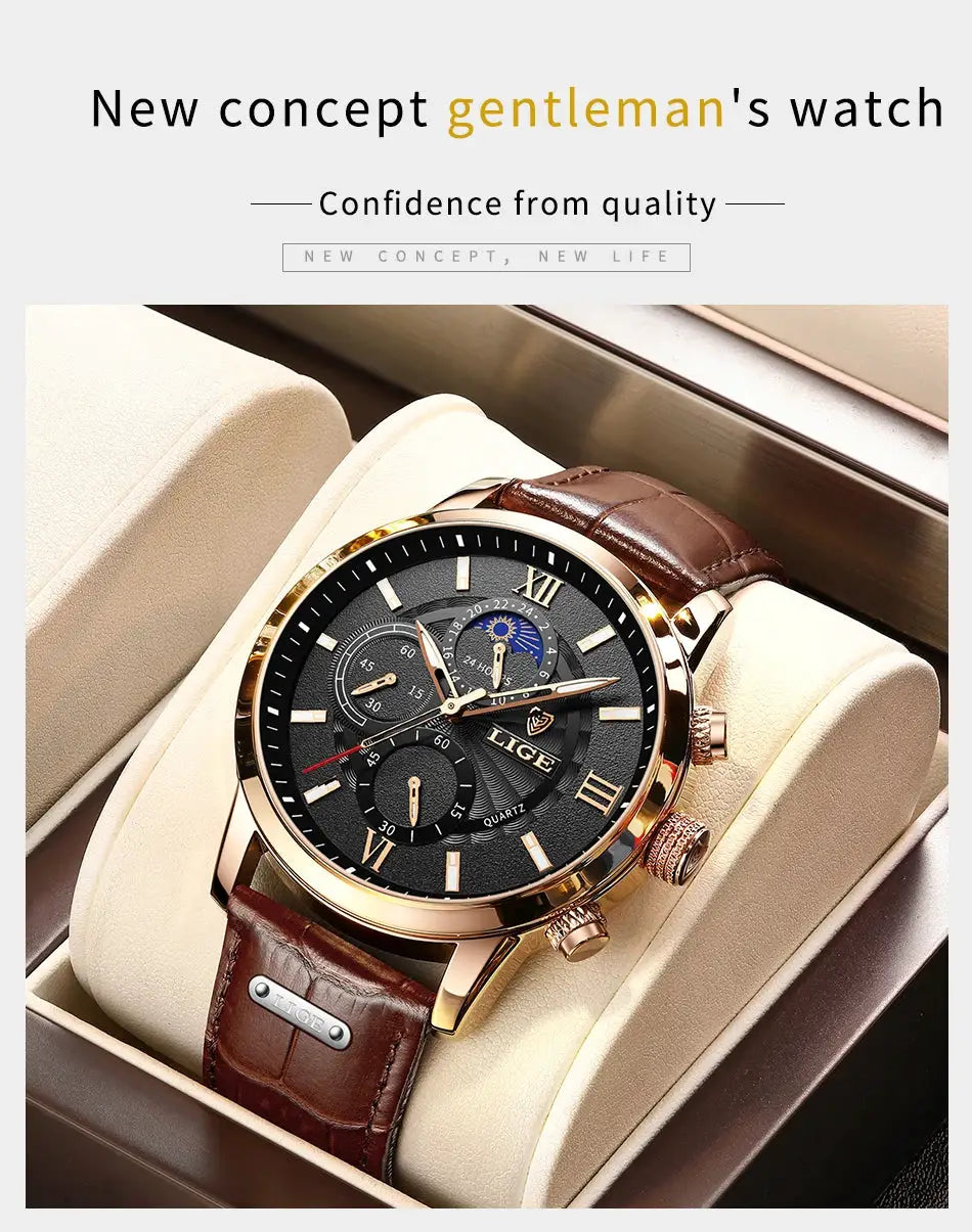 LIGE men's quartz wristwatch with brown leather strap, gold-tone case, black dial with subdials