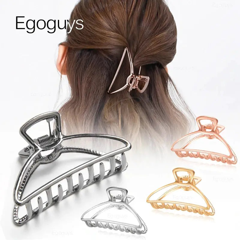 LuxeLocks Geometric Metal Hair Claw Clip With Strong Grip For Women And Girls Solid Color Korean Hairpins
