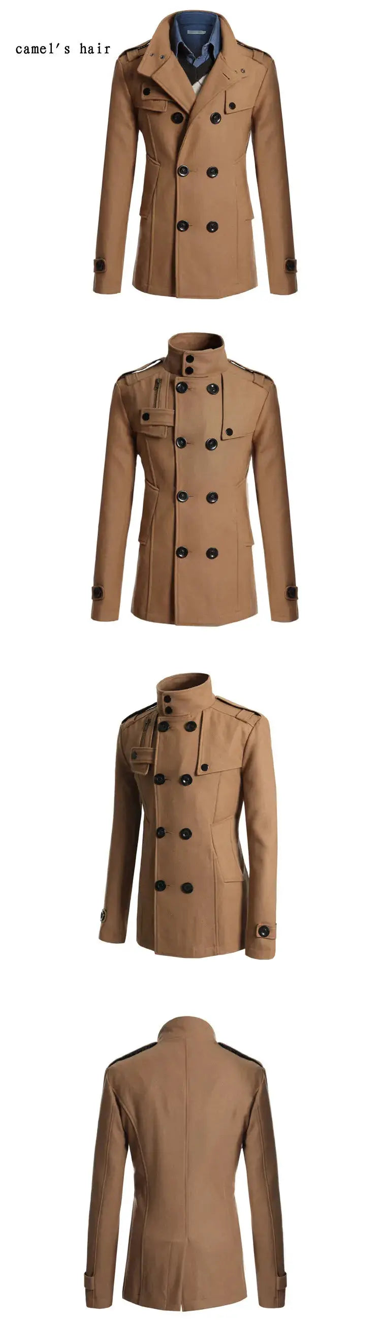 Men's camel wool overcoat with double-breasted front and shoulder epaulettes