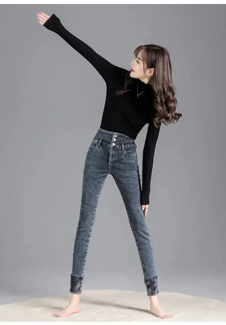 Thermal Winter Thick Fleece High Waist Stretch Skinny Jeans For Women