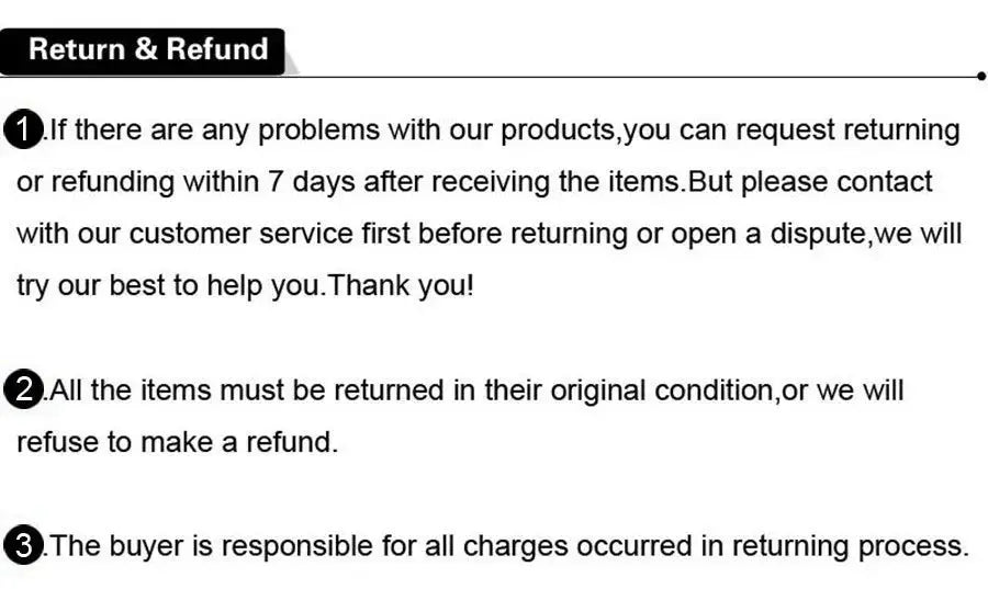 Return & Refund policy page with three points: 7-day returns, original-condition items, and buyer-paid return costs.
