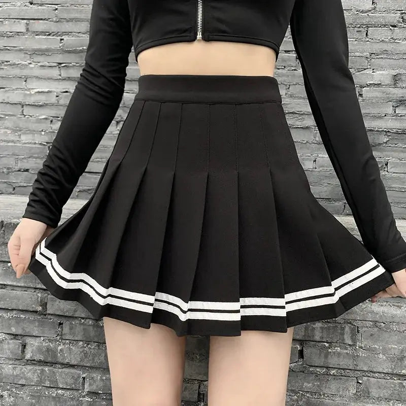KawaiiGrove Vintage Korean Patchwork Skirt Harajuku Gothic Black Pleated High Waist Mini For Women