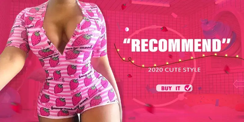 Women's pink strawberry-print romper with plunging neckline and high-waist shorts