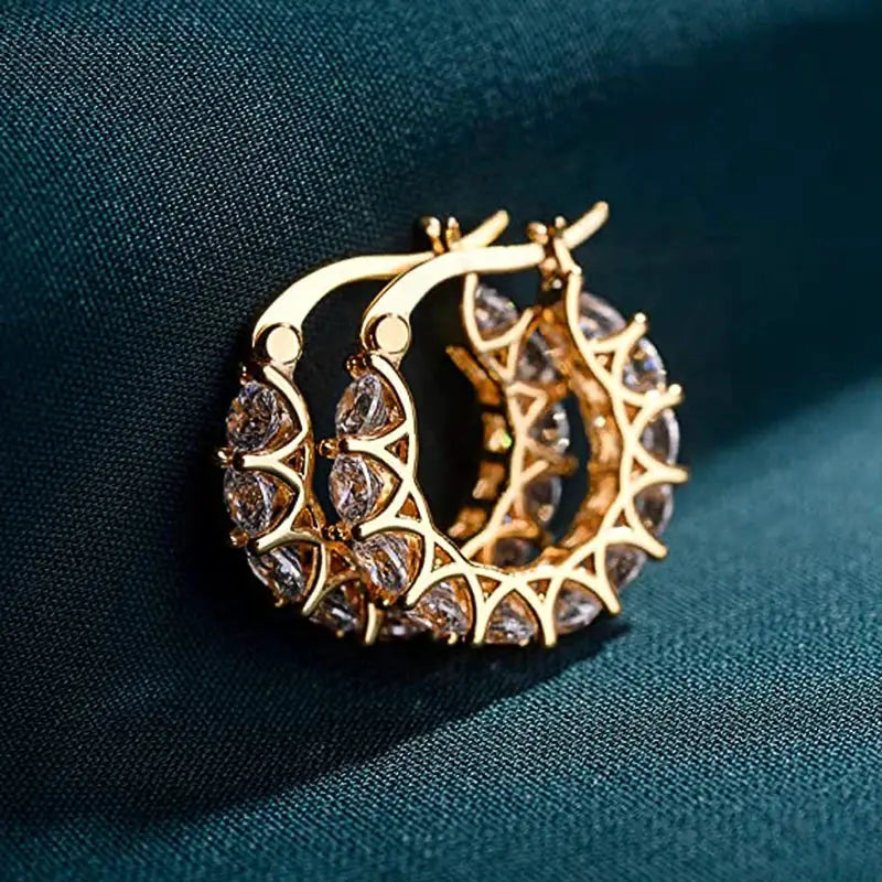 Huitan gold-tone pave crystal CZ hoop earrings for women with lattice-frame design, pair