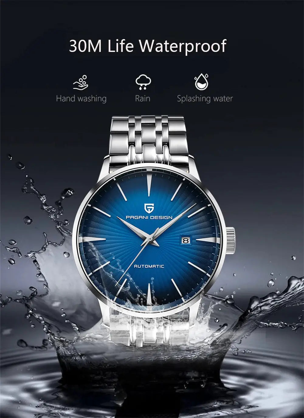 Pagani Design men's automatic stainless steel watch with blue dial, date window, 30M water resistant, silver bracelet