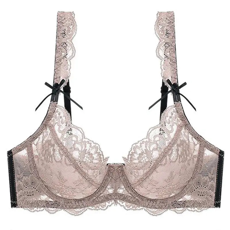 Simples Market lace bra, pink-beige floral lace with sheer mesh, black ribbon bow straps, push-up underwire
