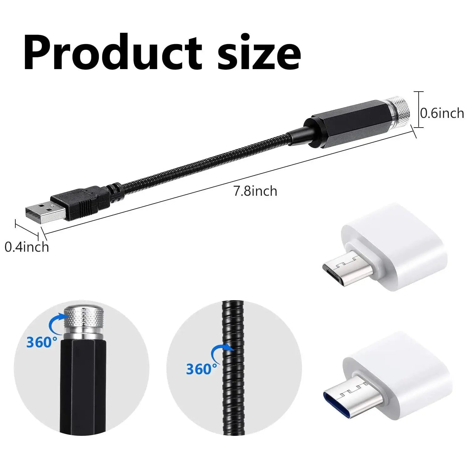 Mini LED car roof star night light projector by Simples Market; black USB lamp with adjustable gooseneck, 7.8in long.