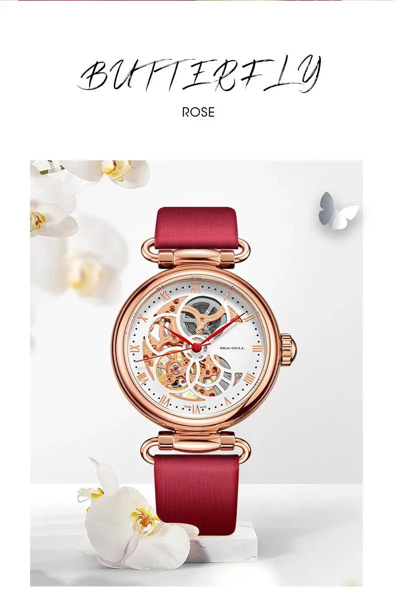 Sea-Gull skeleton automatic women's watch with rose-gold case and red leather strap