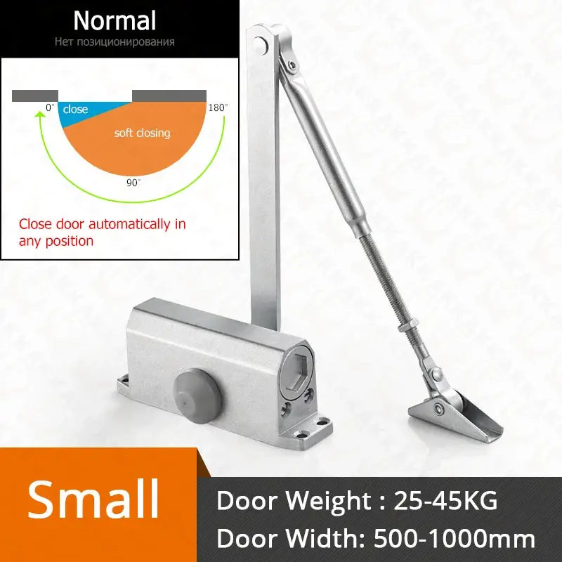 KAK hydraulic door closer; metallic silver, adjustable speed, soft closing for 25–45 kg doors, 500–1000 mm width