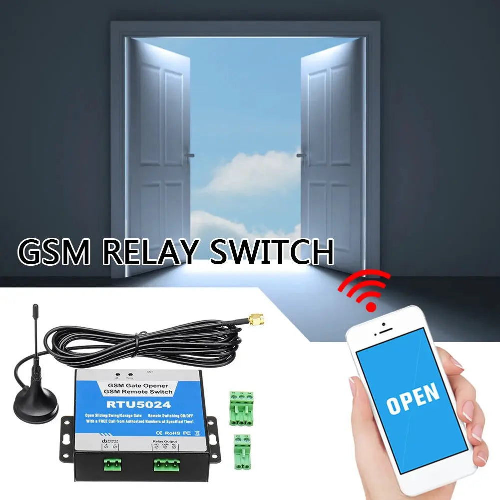 RTU5024 GSM Gate Opener Relay Switch kit with blue-labeled panel, long antenna, and smartphone control