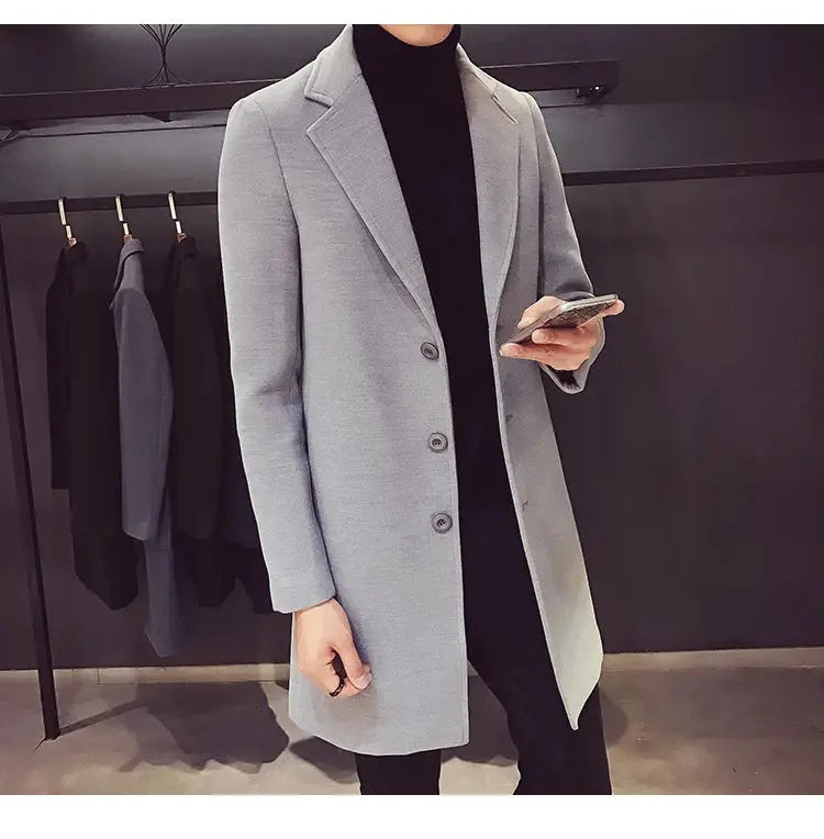 Simples Market men's long gray wool-blend coat for casual business wear