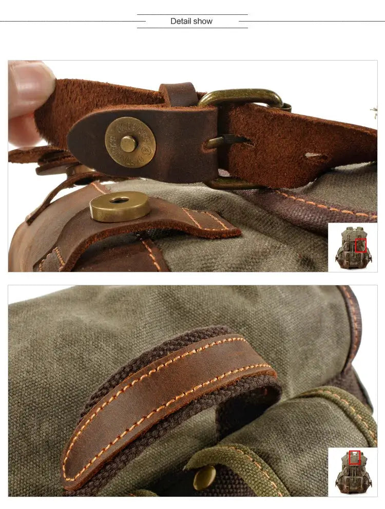 Vintage olive canvas backpack for men with brown leather straps and brass hardware