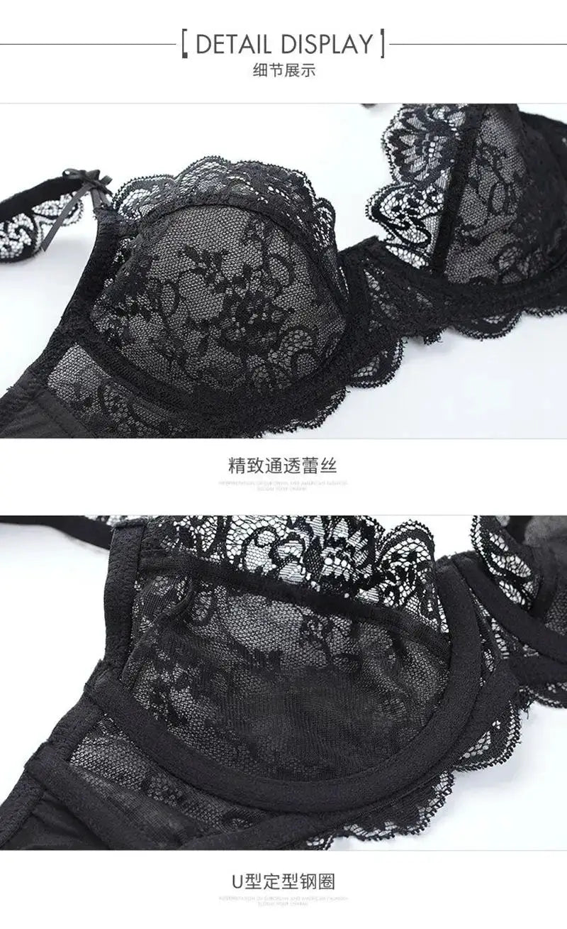 Simples Market black lace push-up bra with sheer mesh cups and floral embroidery